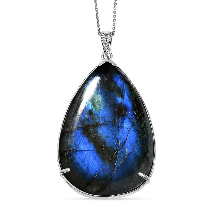D'Joy Labradorite Pear Cut Solitaire Pendant with Chain (Size 20) in Rhodium Overlay Sterling Silver 89.68 Ct, Silver Wt. 5.34 Gms 4422688 1