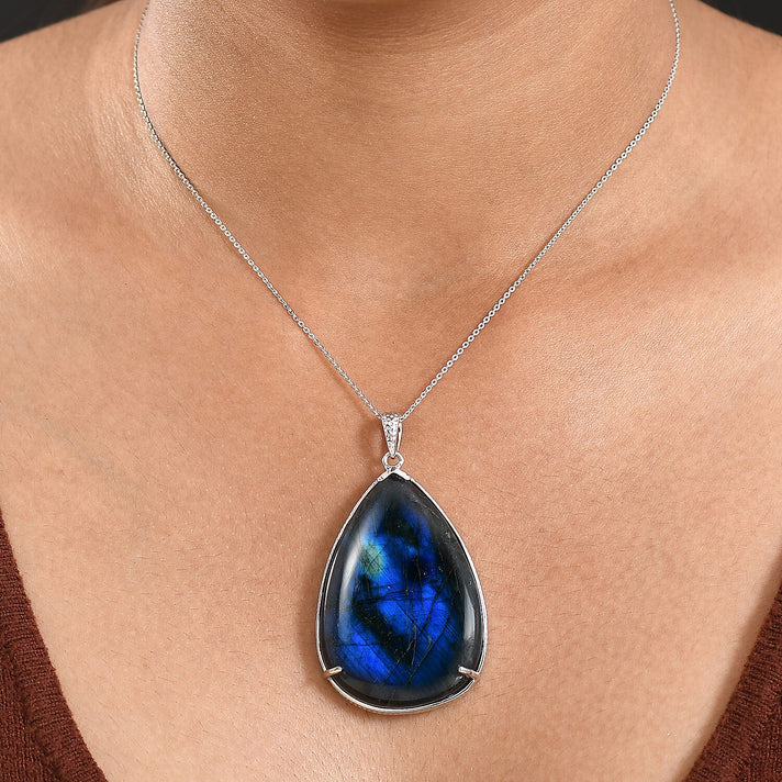 D'Joy Labradorite Pear Cut Solitaire Pendant with Chain (Size 20) in Rhodium Overlay Sterling Silver 89.68 Ct, Silver Wt. 5.34 Gms 4422688 2
