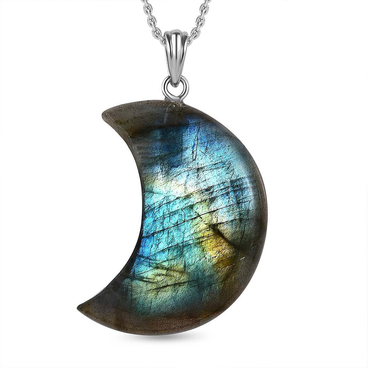 Close Out - Labradorite Crescent Moon Pendant with Steel Chain (Size 20) in Rhodium Overlay Sterling Silver  50.81 Ct. 4318333 0