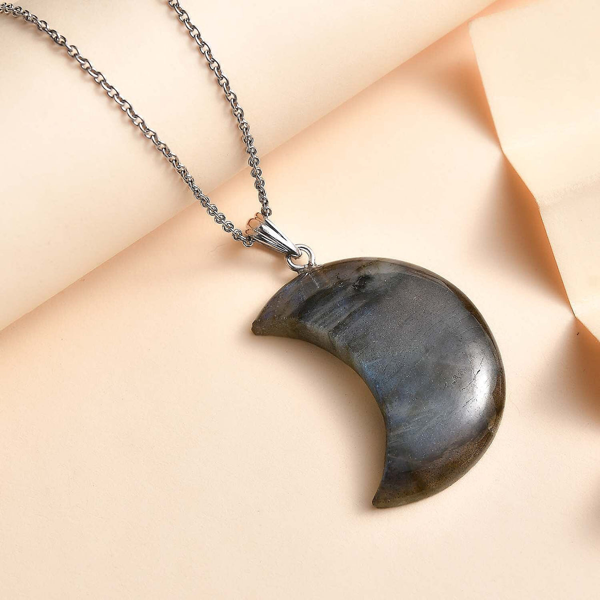 Close Out - Labradorite Crescent Moon Pendant with Steel Chain (Size 20) in Rhodium Overlay Sterling Silver  50.81 Ct. 4318333 3