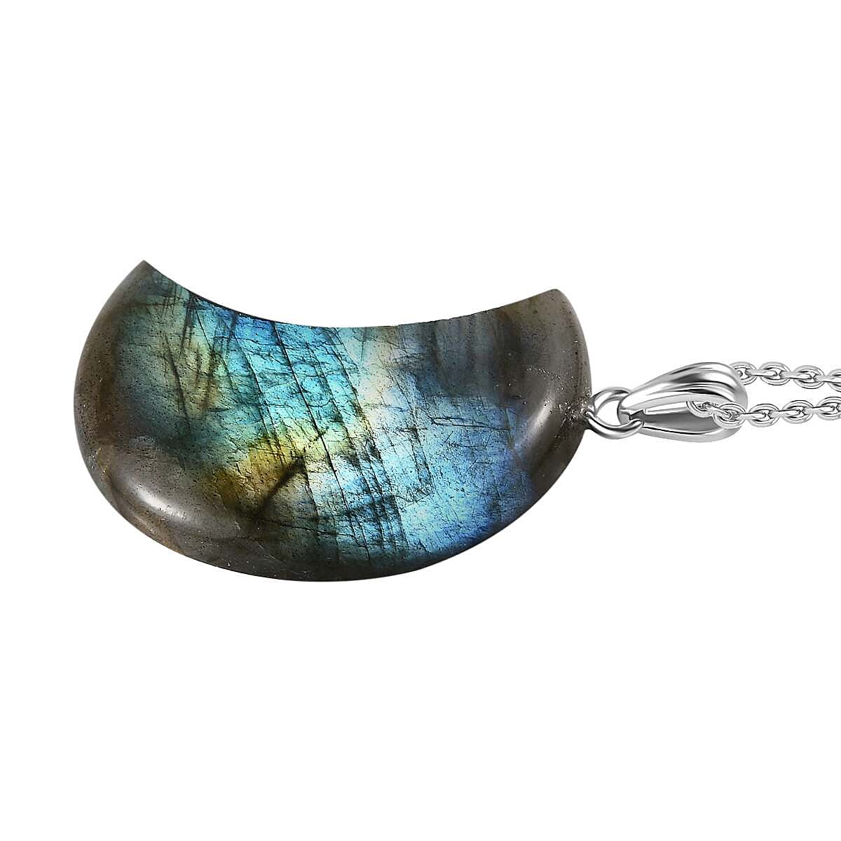 Close Out - Labradorite Crescent Moon Pendant with Steel Chain (Size 20) in Rhodium Overlay Sterling Silver  50.81 Ct. 4318333 4