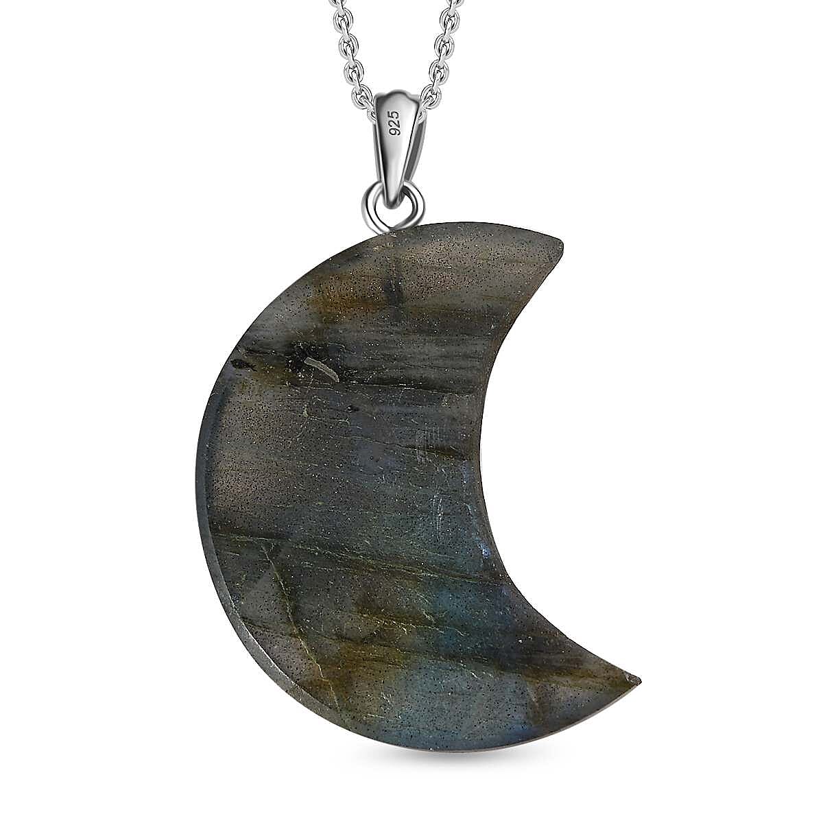 Close Out - Labradorite Crescent Moon Pendant with Steel Chain (Size 20) in Rhodium Overlay Sterling Silver  50.81 Ct. 4318333 5