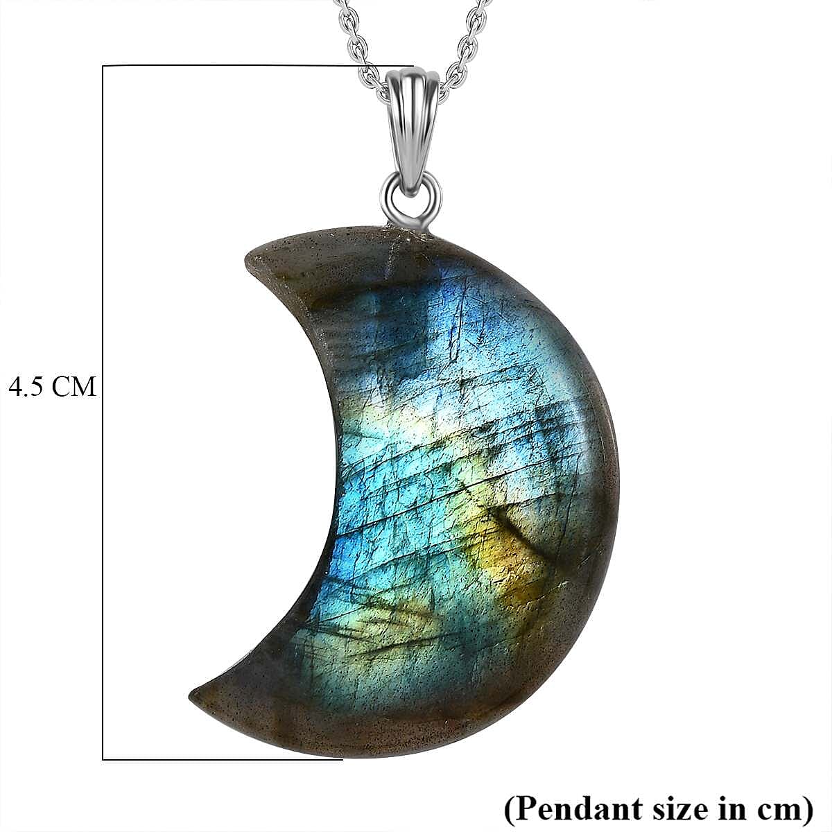 Close Out - Labradorite Crescent Moon Pendant with Steel Chain (Size 20) in Rhodium Overlay Sterling Silver  50.81 Ct. 4318333 6