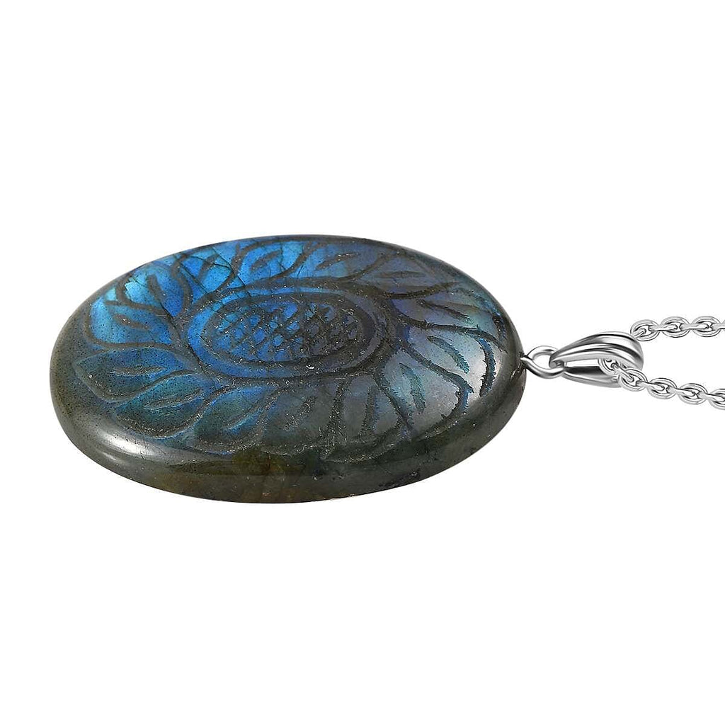 Labradorite Pendant with Chain (Size 20) in Rhodium Overlay Sterling Silver 70.02 Ct.