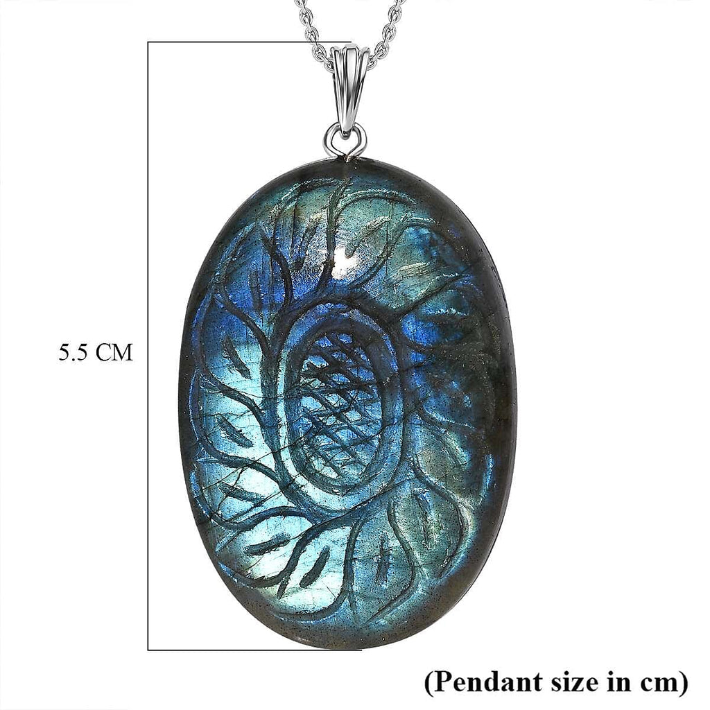 Labradorite Pendant with Chain (Size 20) in Rhodium Overlay Sterling Silver 70.02 Ct.