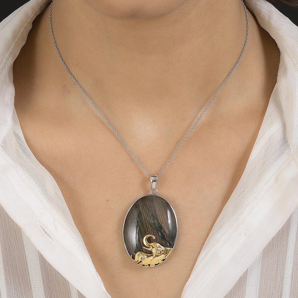 Labradorite Pendant with Chain (Size 20) in Platinum & Gold Overlay Sterling Silver 80.00 Ct.