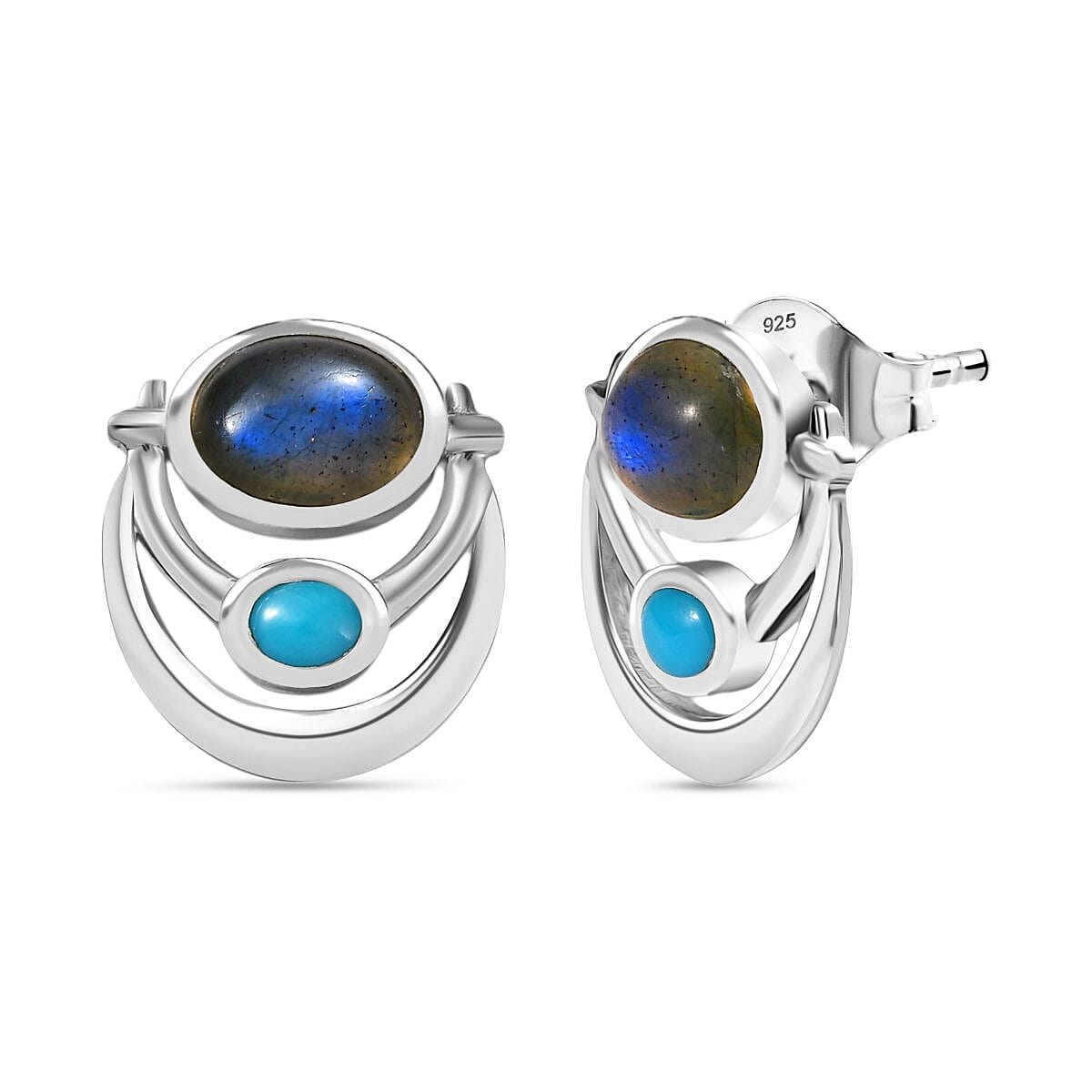 D'joy AAA Natural Labradorite &amp; Sleeping Beauty Turquoise Solitaire Stud Push Post Earring in Rhodium Overlay Sterling Silver 2.98 Ct. 8172251 0