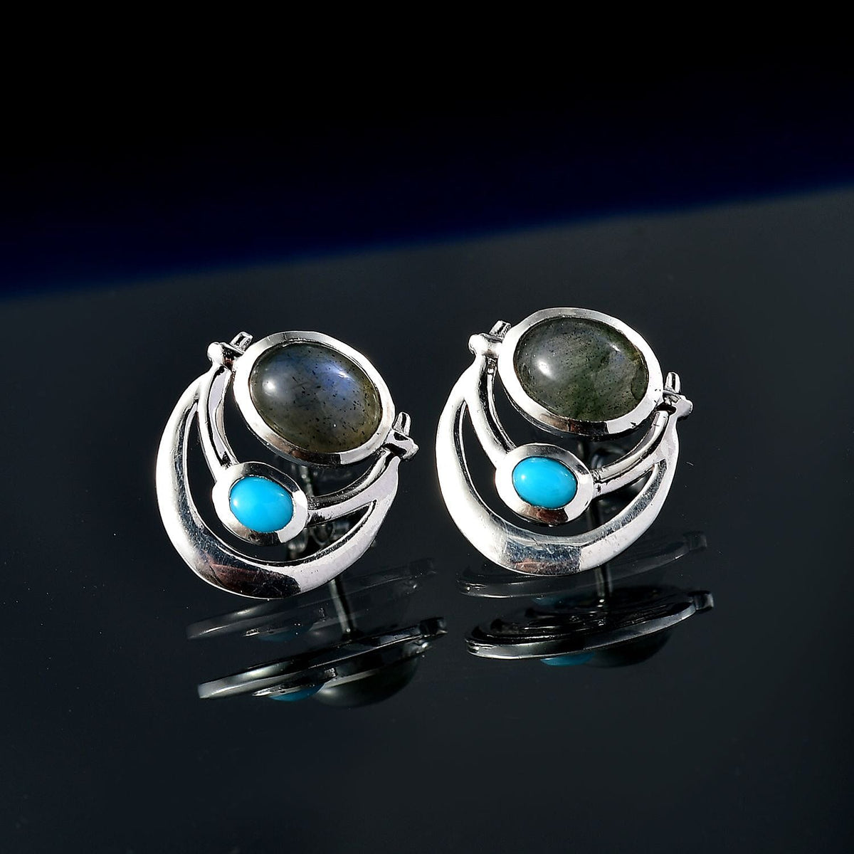D'joy AAA Natural Labradorite &amp; Sleeping Beauty Turquoise Solitaire Stud Push Post Earring in Rhodium Overlay Sterling Silver 2.98 Ct. 8172251 2