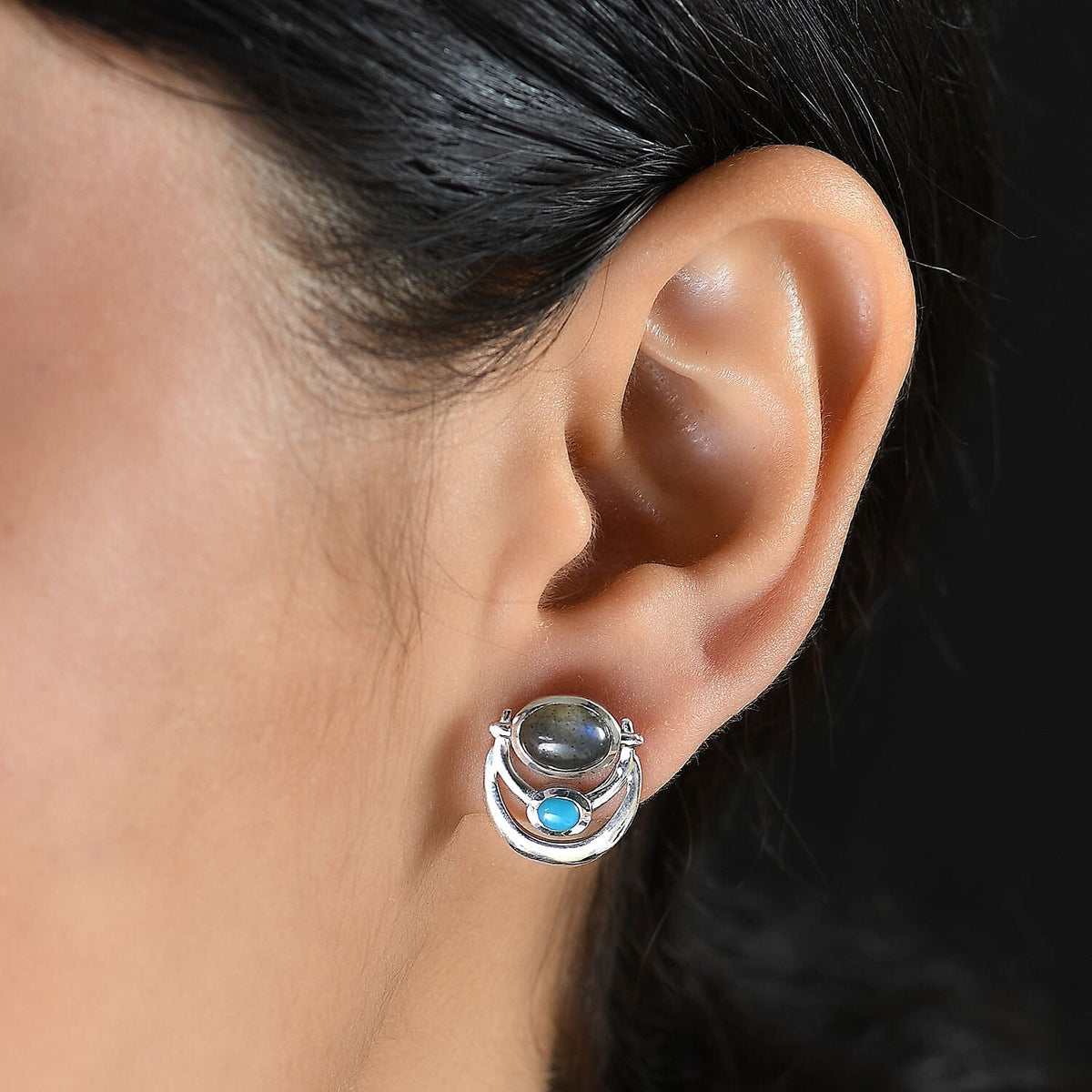 D'joy AAA Natural Labradorite &amp; Sleeping Beauty Turquoise Solitaire Stud Push Post Earring in Rhodium Overlay Sterling Silver 2.98 Ct. 8172251 3