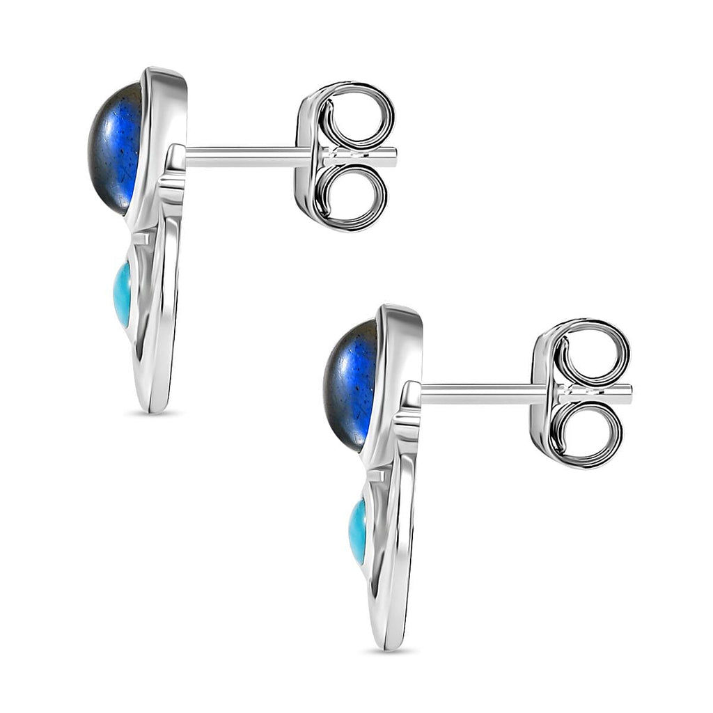 D'joy AAA Natural Labradorite & Sleeping Beauty Turquoise Solitaire Stud Push Post Earring in Rhodium Overlay Sterling Silver 2.98 Ct.
