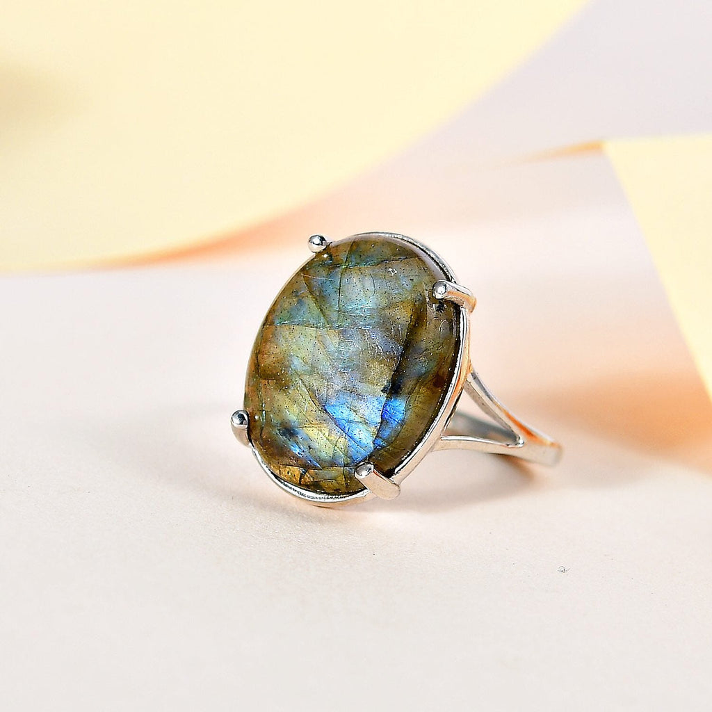 Labradorite Solitaire Ring in Platinum Overlay Sterling Silver 9.85 Ct