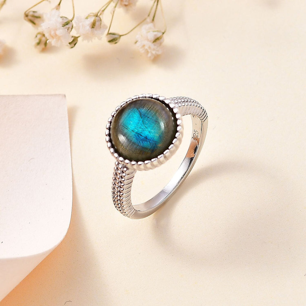 Labradorite Solitaire Ring in Rhodium Sterling Silver 4.50 Ct.