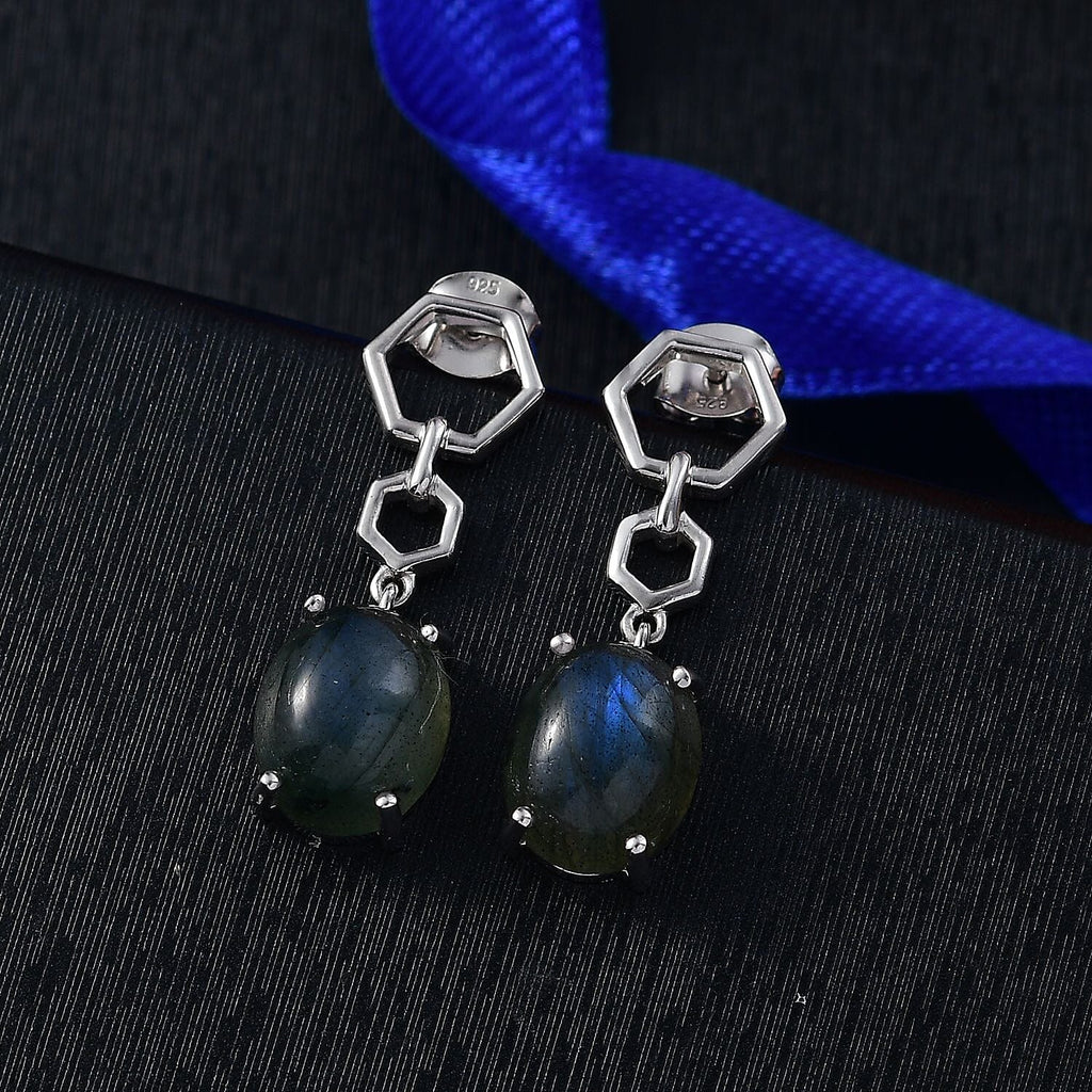D'joy AAA Natural Labradorite Solitaire Stud Push Post Earring in Rhodium Overlay Sterling Silver 7.94 Ct.