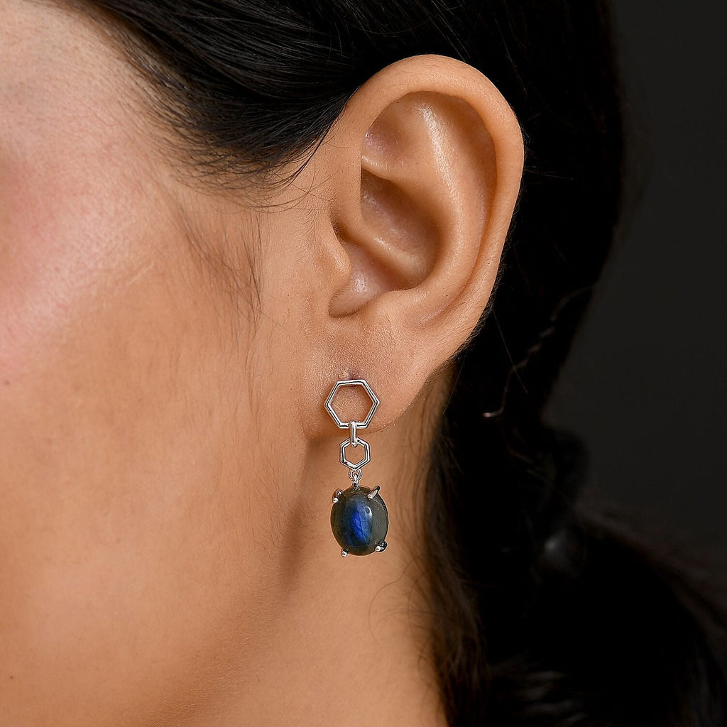 D'joy AAA Natural Labradorite Solitaire Stud Push Post Earring in Rhodium Overlay Sterling Silver 7.94 Ct.