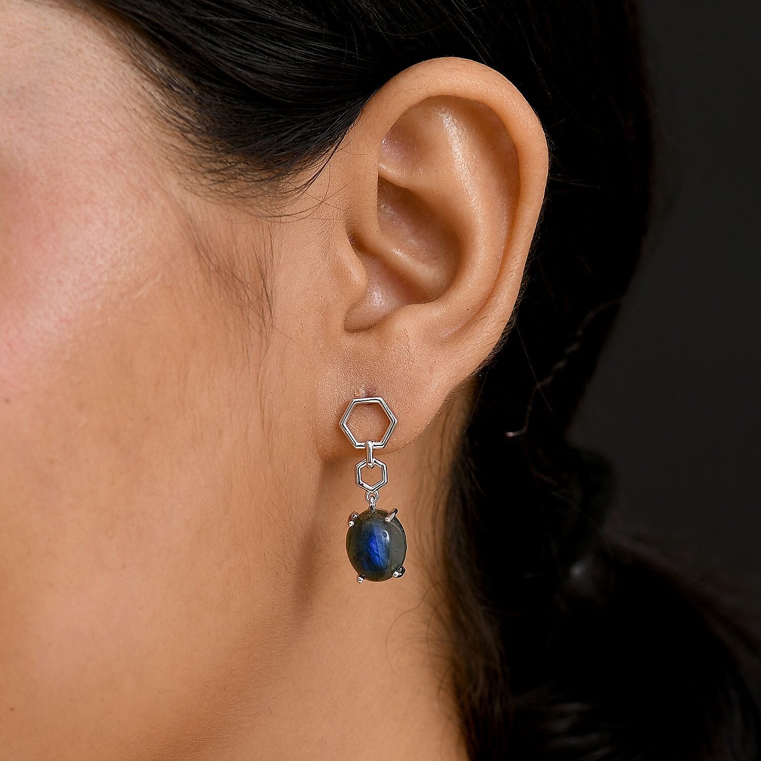 D'joy AAA Natural Labradorite Solitaire Stud Push Post Earring in Rhodium Overlay Sterling Silver 7.94 Ct. 8162218 3