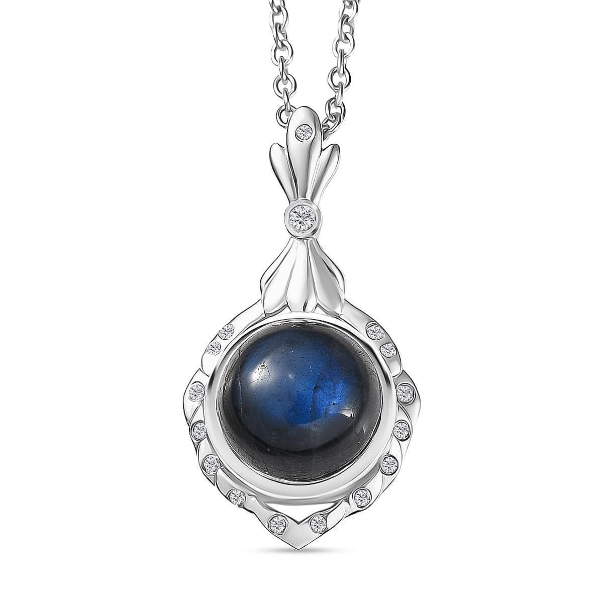 AAA Natural Labradorite &amp; White Zircon Pendant with Chain (Size 20) in White Plating 5.07 Ct. 4391423 0