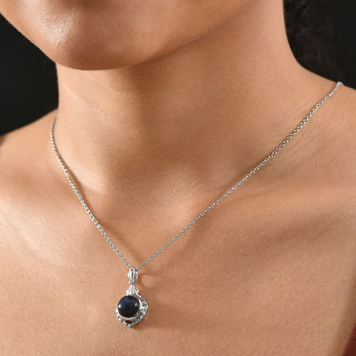AAA Natural Labradorite &amp; White Zircon Pendant with Chain (Size 20) in White Plating 5.07 Ct. 4391423 2