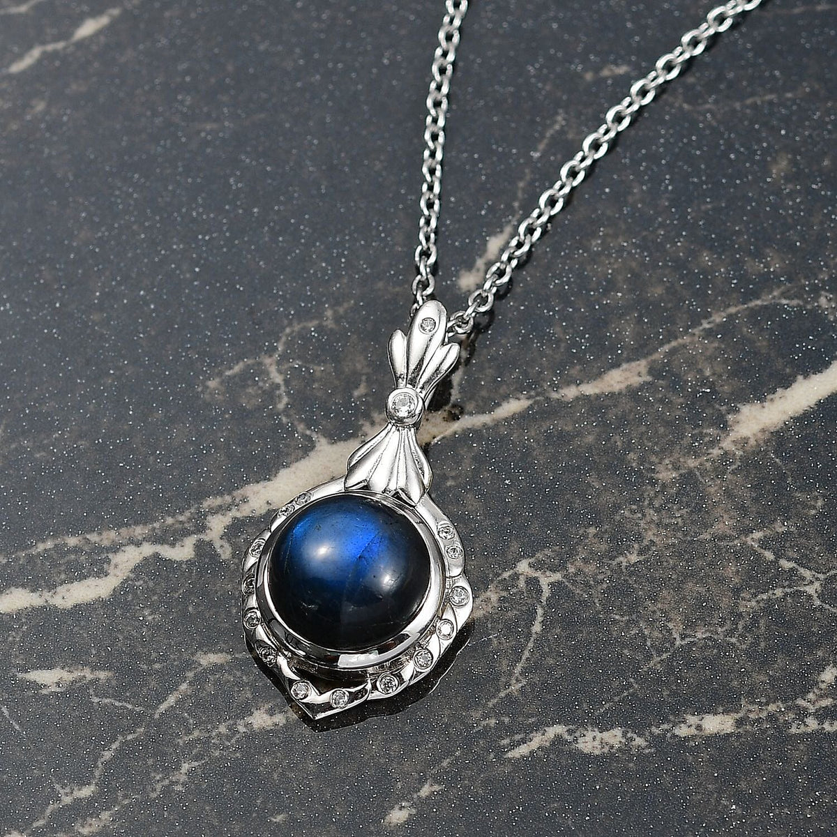 AAA Natural Labradorite &amp; White Zircon Pendant with Chain (Size 20) in White Plating 5.07 Ct. 4391423 3