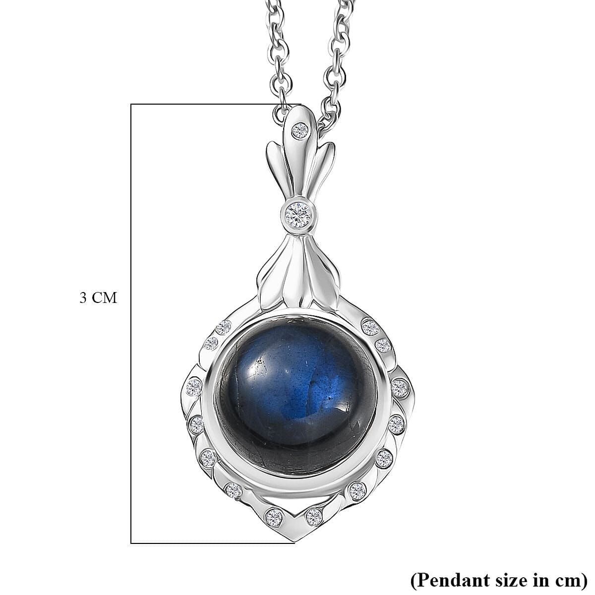AAA Natural Labradorite &amp; White Zircon Pendant with Chain (Size 20) in White Plating 5.07 Ct. 4391423 7