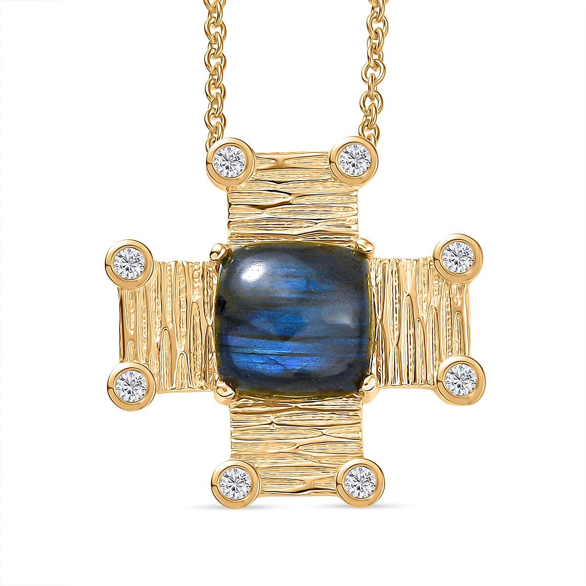 AAA Natural Labradorite &amp; White Zircon Pendant with Chain (Size 20) in Yellow Gold Plating 5.70 Ct. 4391426 0