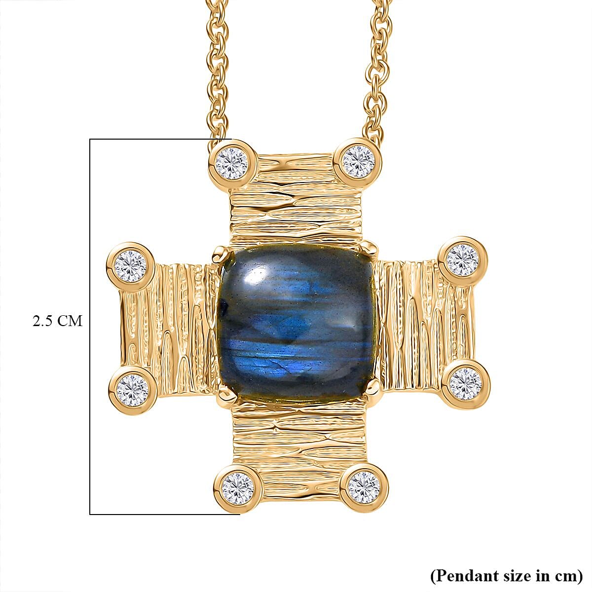 AAA Natural Labradorite &amp; White Zircon Pendant with Chain (Size 20) in Yellow Gold Plating 5.70 Ct. 4391426 6
