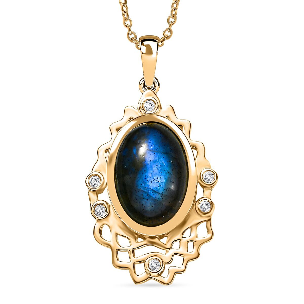 Labradorite &amp; White Zircon Pendant with Chain (Size 20) in Yellow Gold Plated 5.95 Ct. 4416444 0