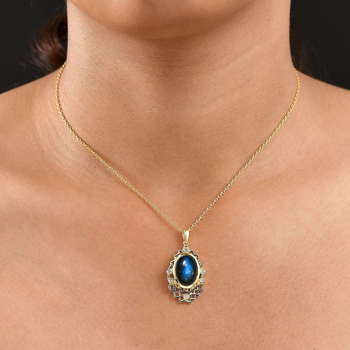 Labradorite &amp; White Zircon Pendant with Chain (Size 20) in Yellow Gold Plated 5.95 Ct. 4416444 2