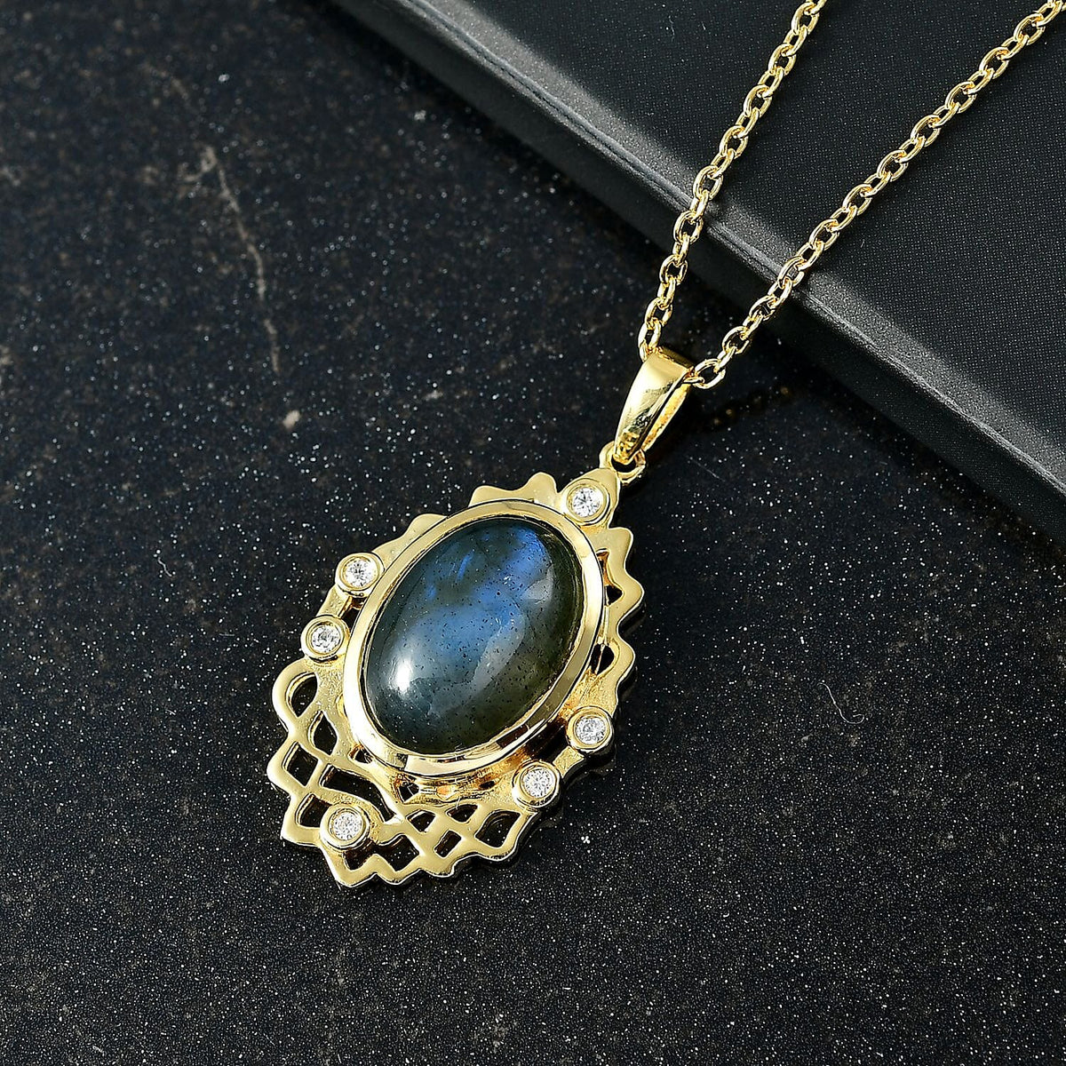 Labradorite &amp; White Zircon Pendant with Chain (Size 20) in Yellow Gold Plated 5.95 Ct. 4416444 3