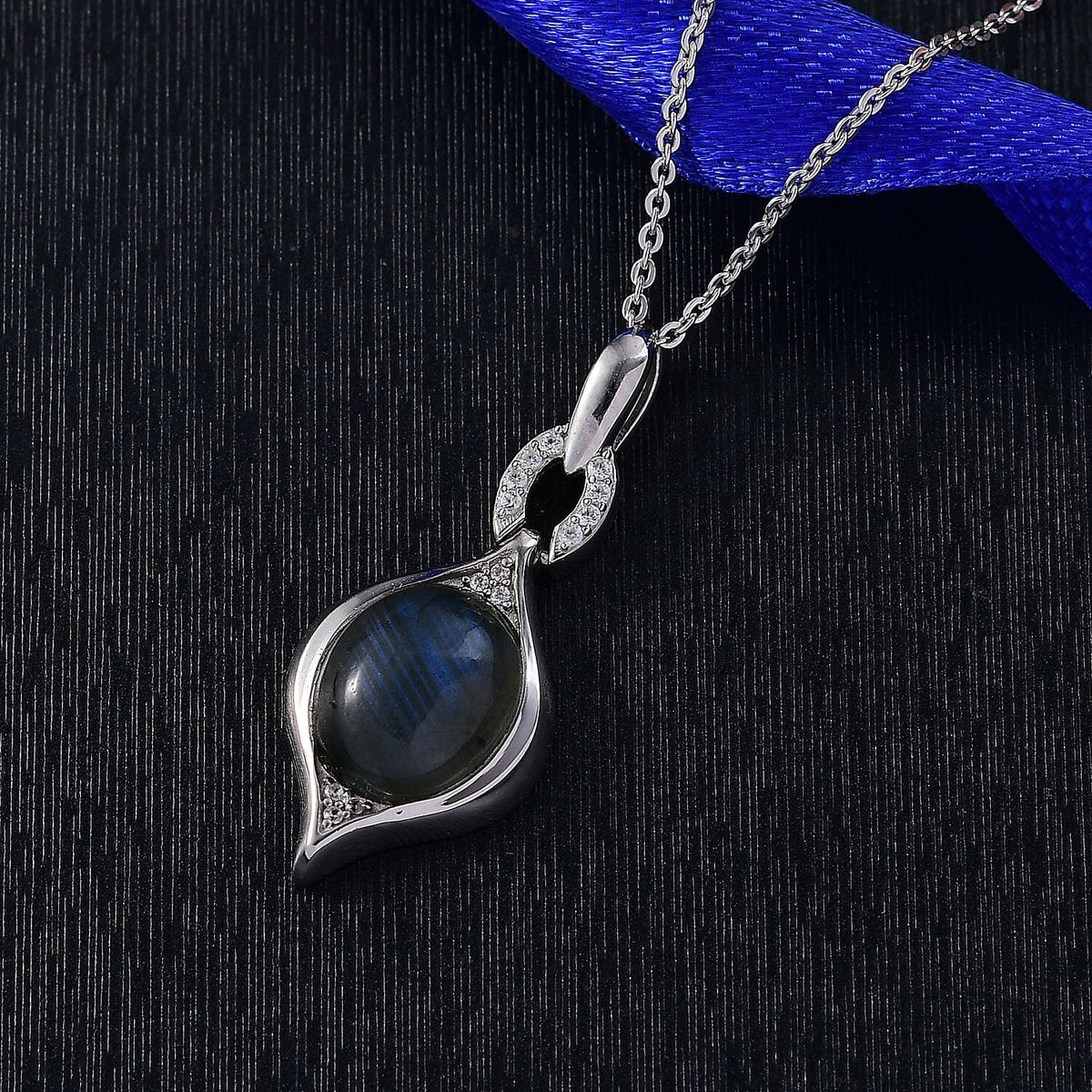D'joy AAA Natural Labradorite &amp; White Zircon Pendant with Chain (Size 20) in Rhodium Overlay Sterling Silver 3.39 Ct. 4391429 2