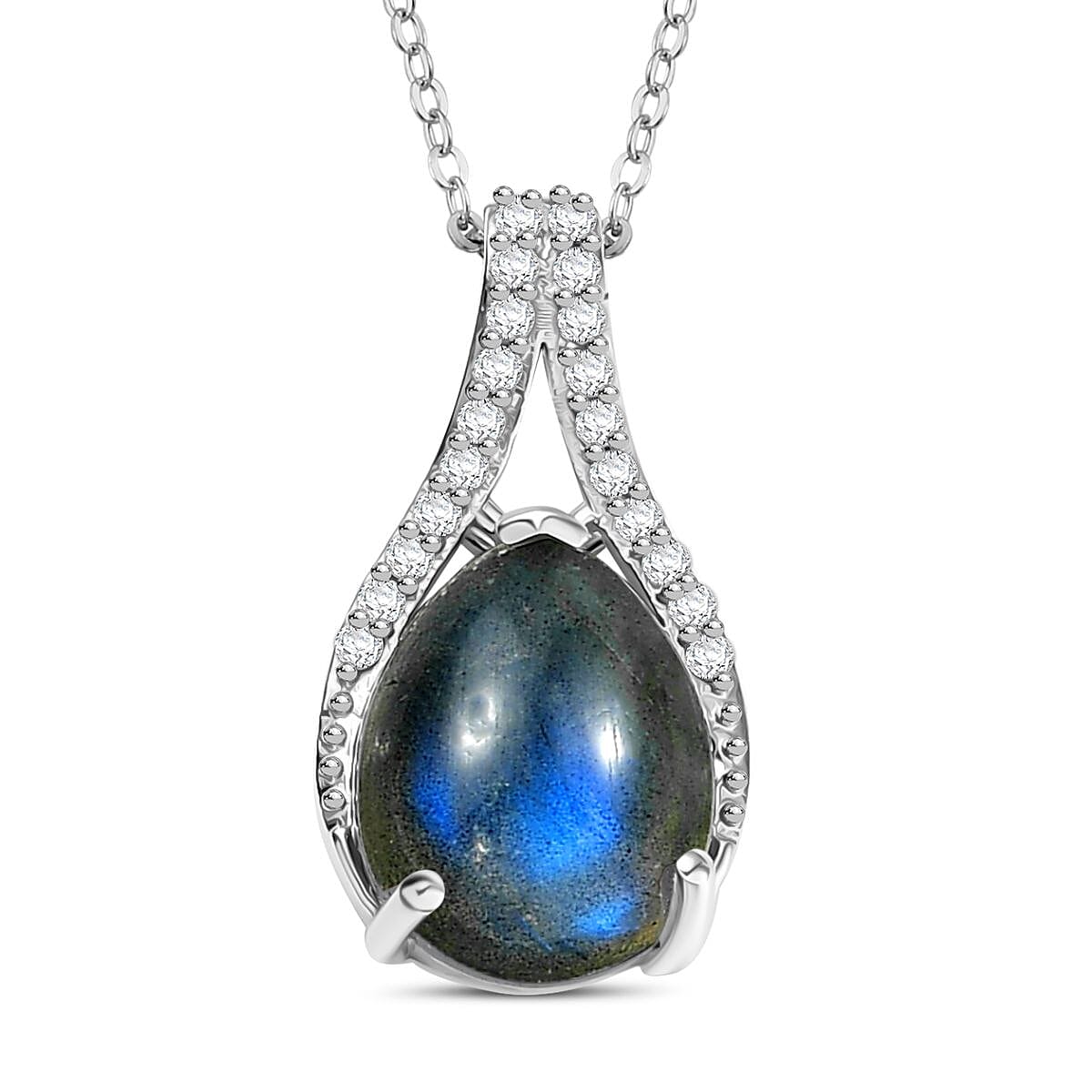 D'joy AAA Natural Labradorite &amp; White Zircon Pendant with Chain (Size 20) in Rhodium Overlay Sterling Silver 3.50 Ct. 4391430 0
