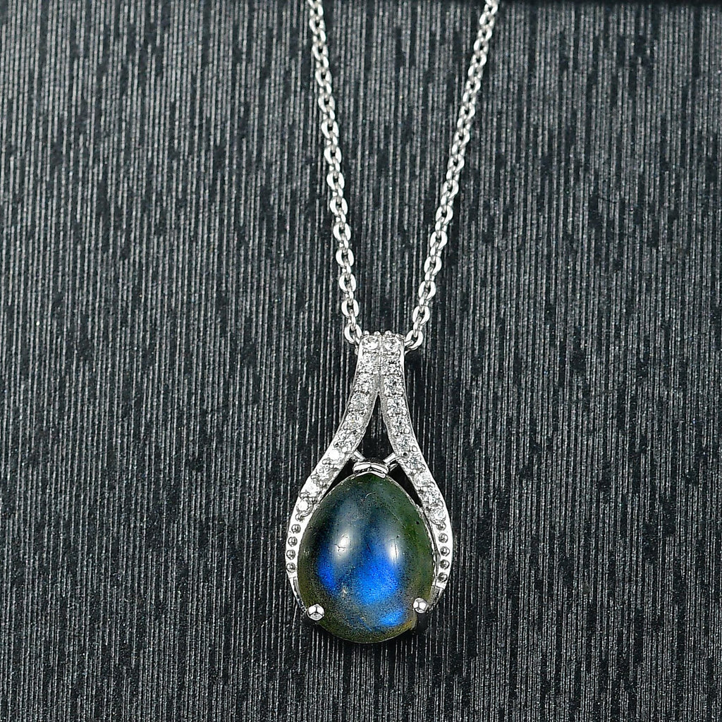 D'joy AAA Natural Labradorite & White Zircon Pendant with Chain (Size 20) in Rhodium Overlay Sterling Silver 3.50 Ct.