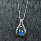 D'joy AAA Natural Labradorite & White Zircon Pendant with Chain (Size 20) in Rhodium Overlay Sterling Silver 3.50 Ct.