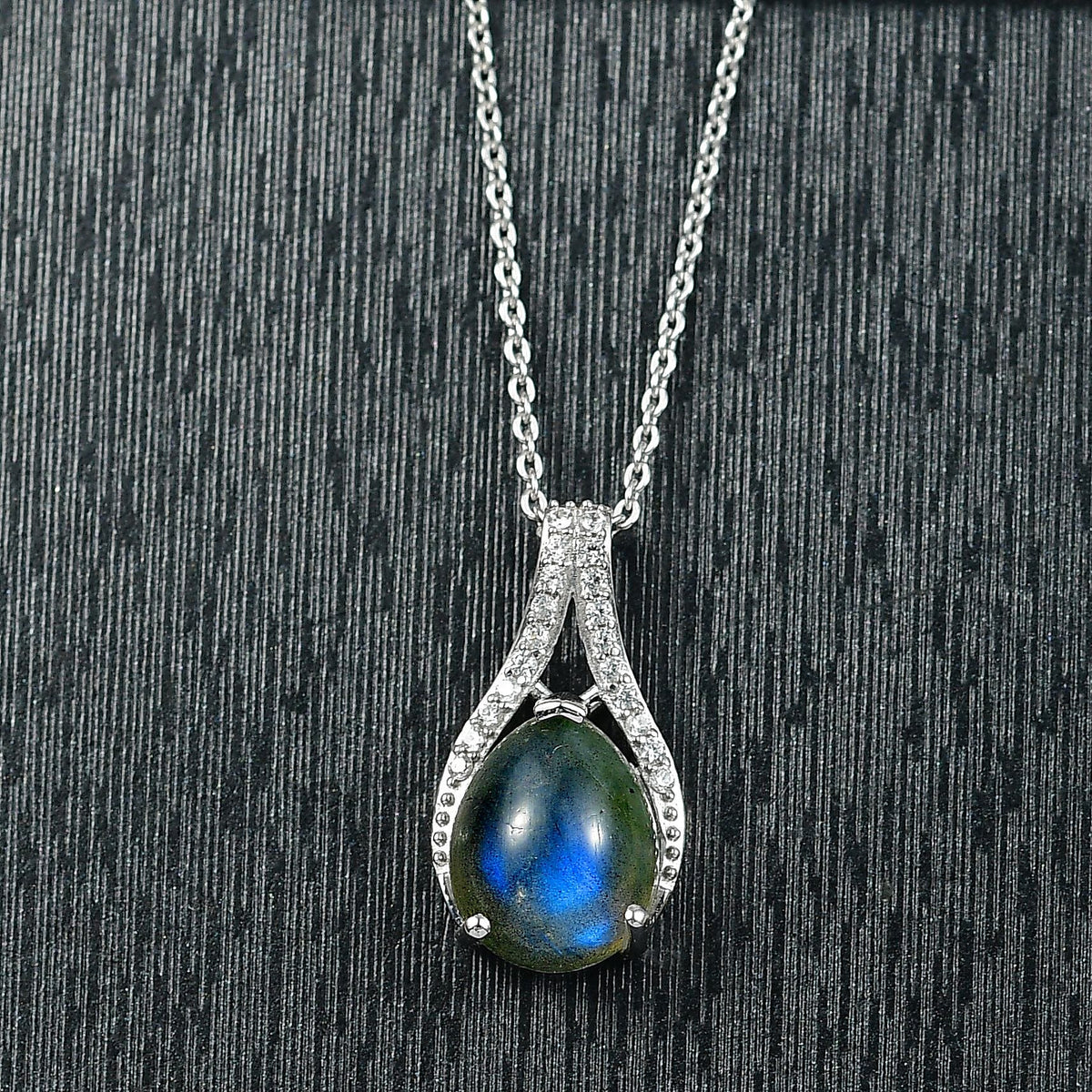 D'joy AAA Natural Labradorite &amp; White Zircon Pendant with Chain (Size 20) in Rhodium Overlay Sterling Silver 3.50 Ct. 4391430 3