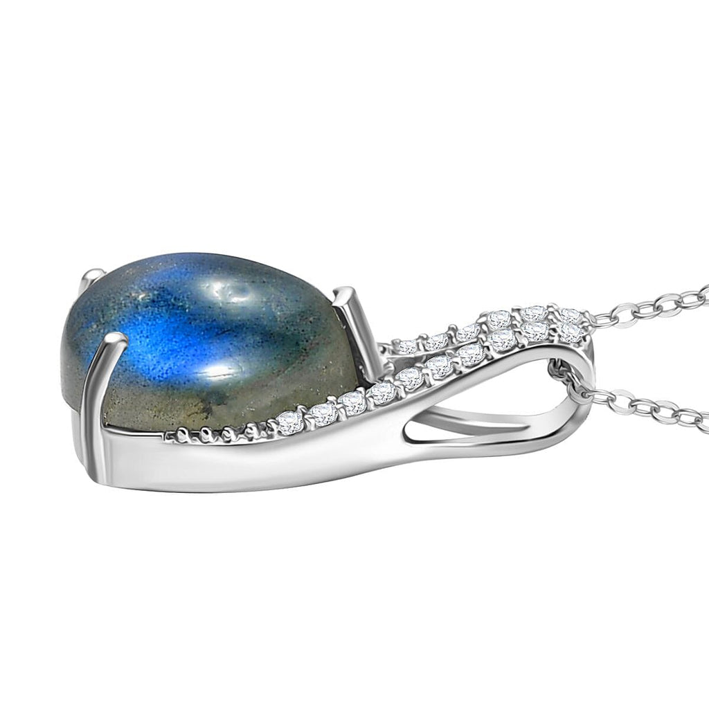 D'joy AAA Natural Labradorite & White Zircon Pendant with Chain (Size 20) in Rhodium Overlay Sterling Silver 3.50 Ct.