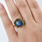AAA Natural Labradorite & White Zircon Solitaire Ring In Yellow Gold Plating 9.97 Ct.