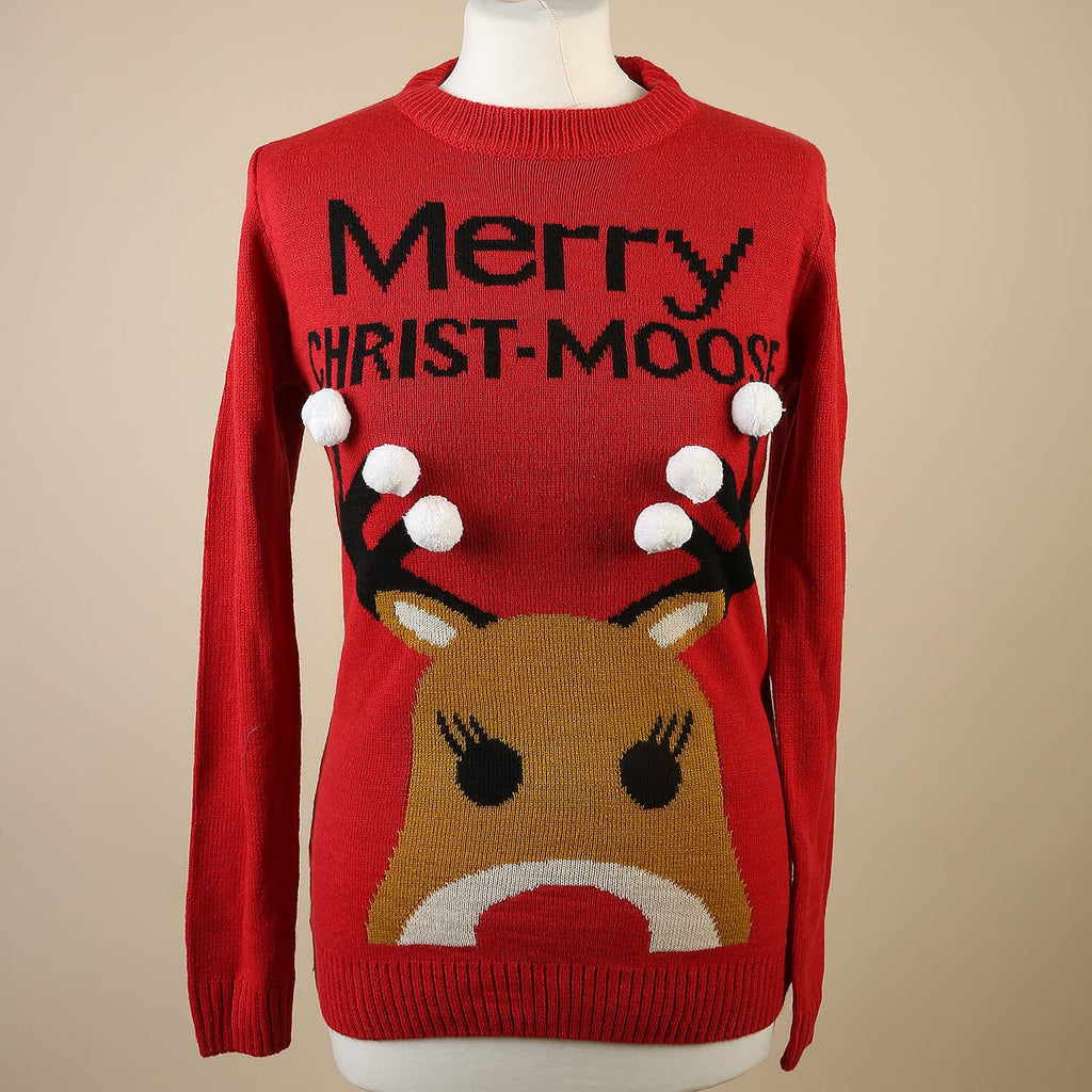 Ladies 3D Xmas Moose Jumper (Size L- 12-14) - Red