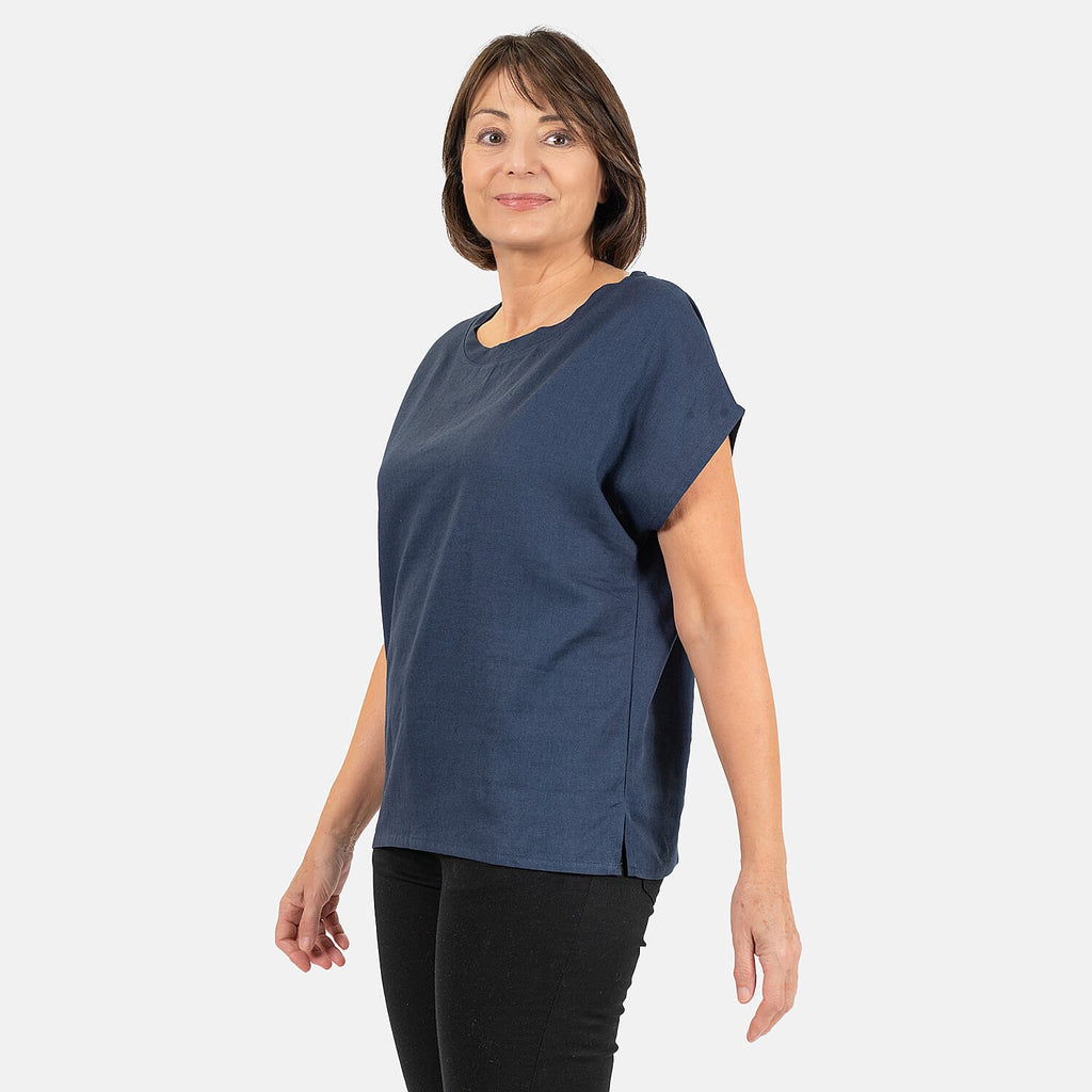 Ladies Crew Neck Linen Top (Size 10) - Navy