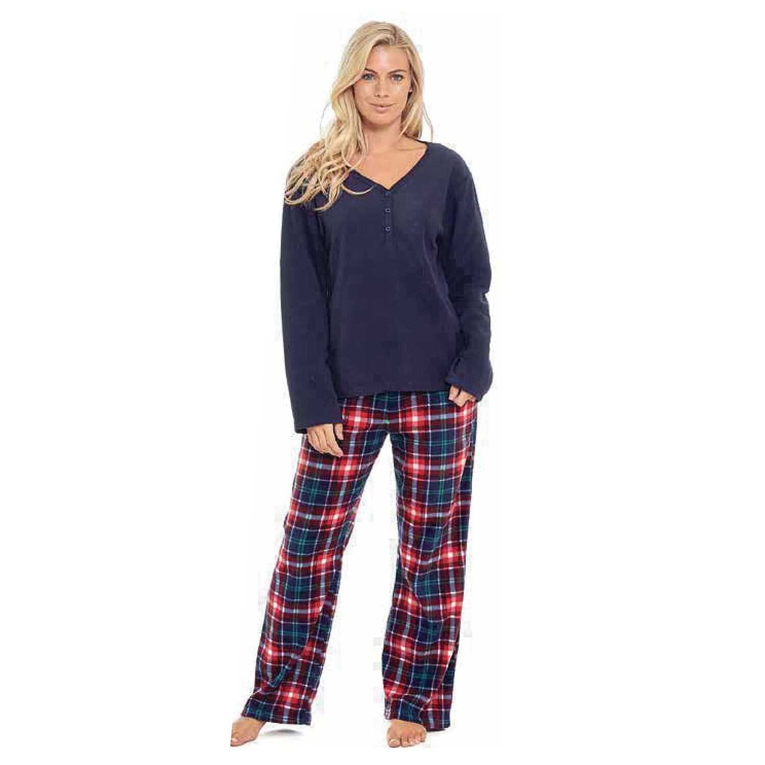 Ladies Fleece V-Neck Top - Printed Check Lounge Pants Set (Size L) - Navy 8068835 0