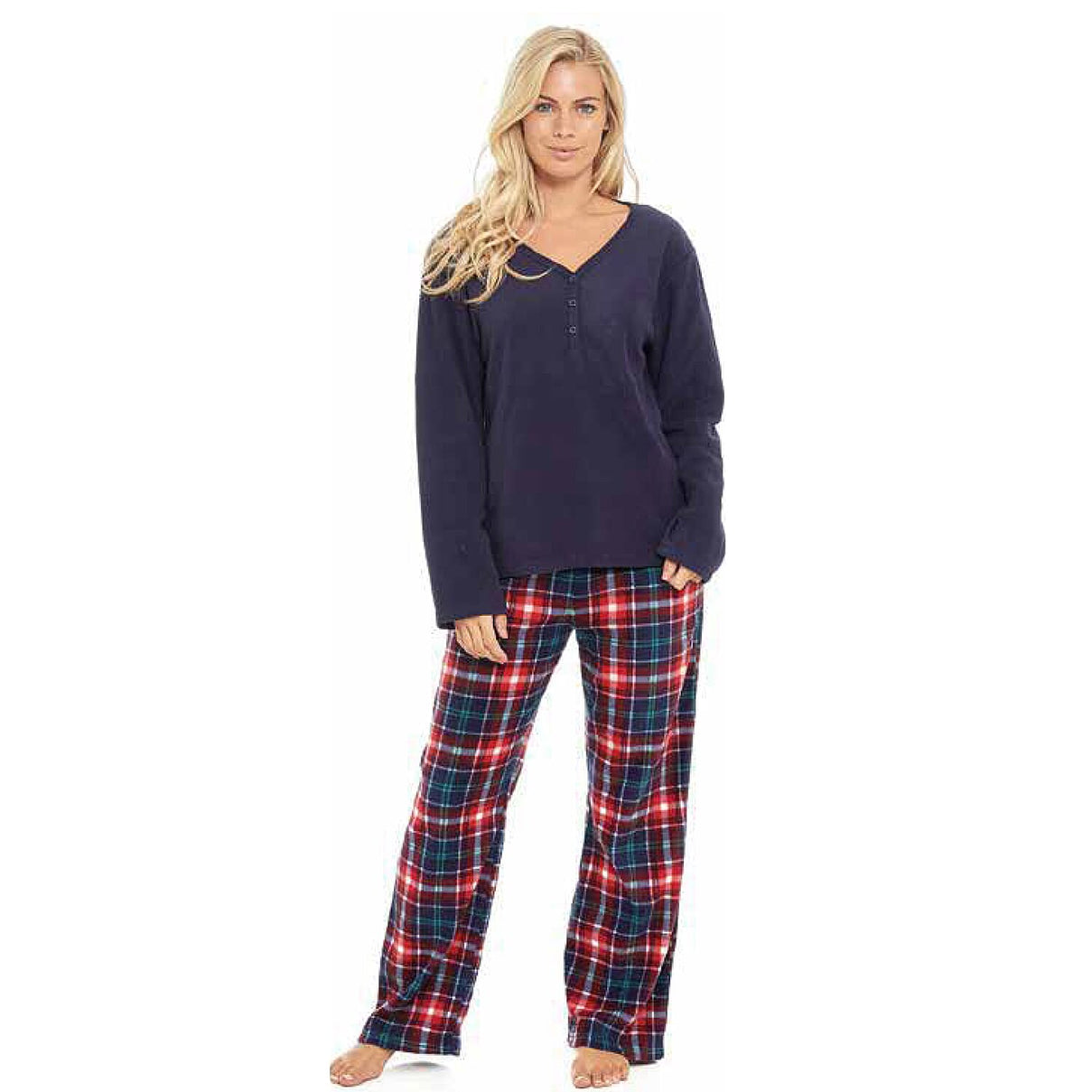 Ladies Fleece V-Neck Top - Printed Check Lounge Pants Set (Size L) - Navy 8068835 1