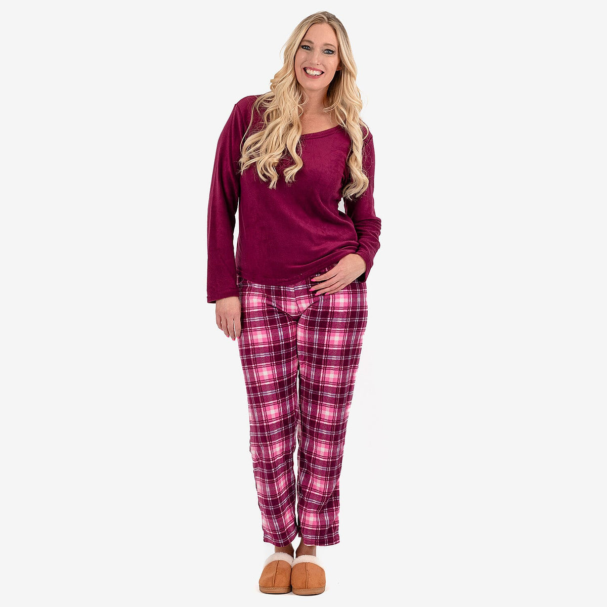 Ladies Fleece V-Neck Top - Printed Check Lounge Pants Set (Size L) - Purple 8068839 0