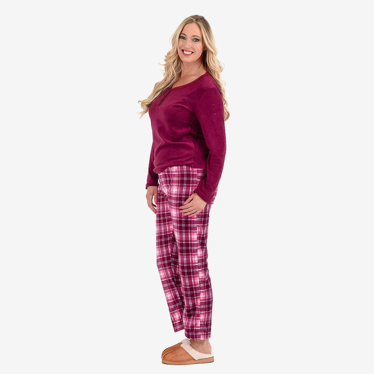 Ladies Fleece V-Neck Top - Printed Check Lounge Pants Set (Size L) - Purple 8068839 1