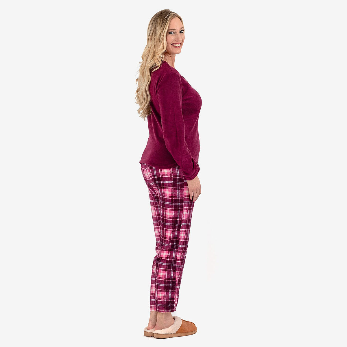 Ladies Fleece V-Neck Top - Printed Check Lounge Pants Set (Size L) - Purple 8068839 2