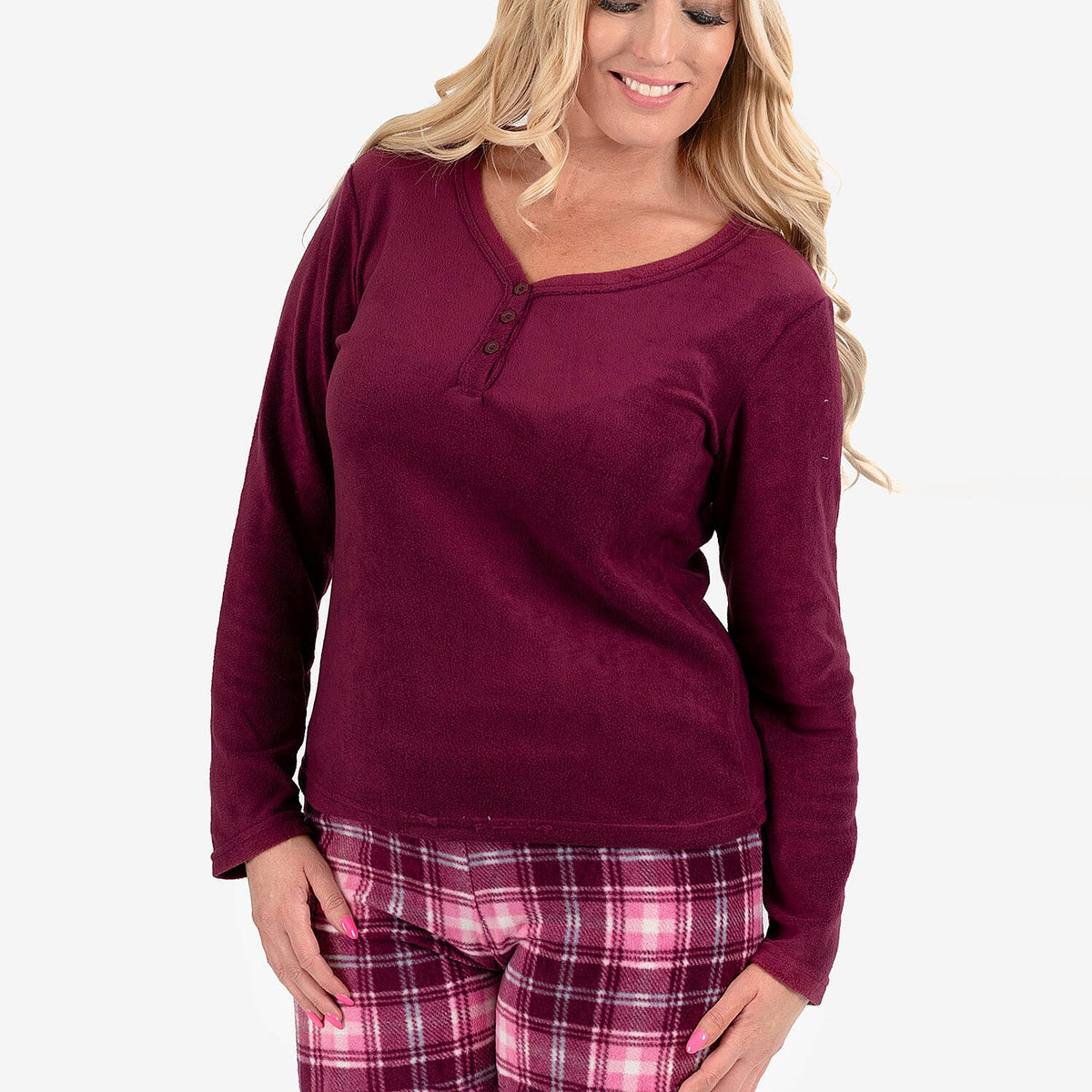 Ladies Fleece V-Neck Top - Printed Check Lounge Pants Set (Size L) - Purple 8068839 3