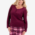 Ladies Fleece V-Nack Top & Printed Check Lounge Pants Set (Size L) - Purple