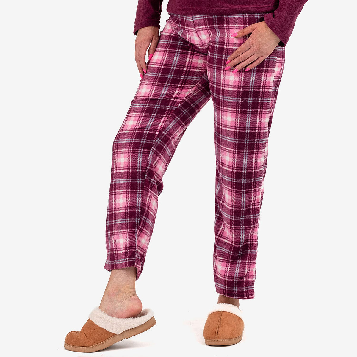 Ladies Fleece V-Neck Top - Printed Check Lounge Pants Set (Size L) - Purple 8068839 4