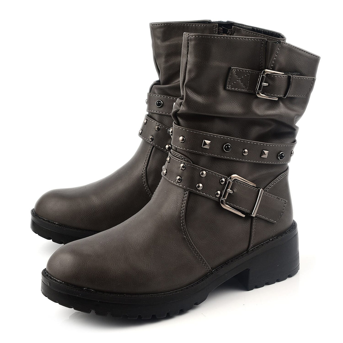 Ladies Leatherette Easy Zip Up Decorative Studded Strap Chunky Ankle Boots - Grey 7670079 0