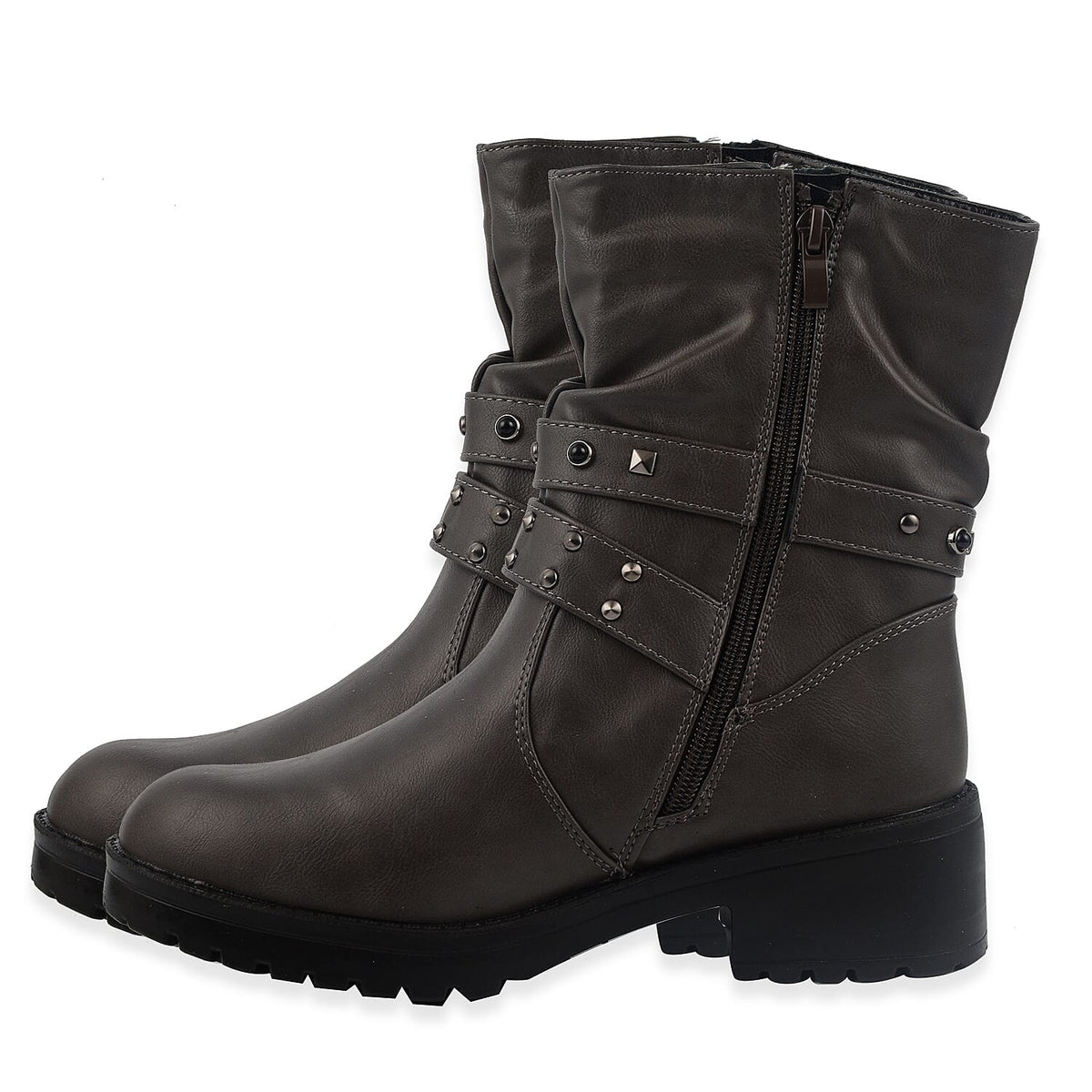Ladies Leatherette Easy Zip Up Decorative Studded Strap Chunky Ankle Boots - Grey 7670079 1