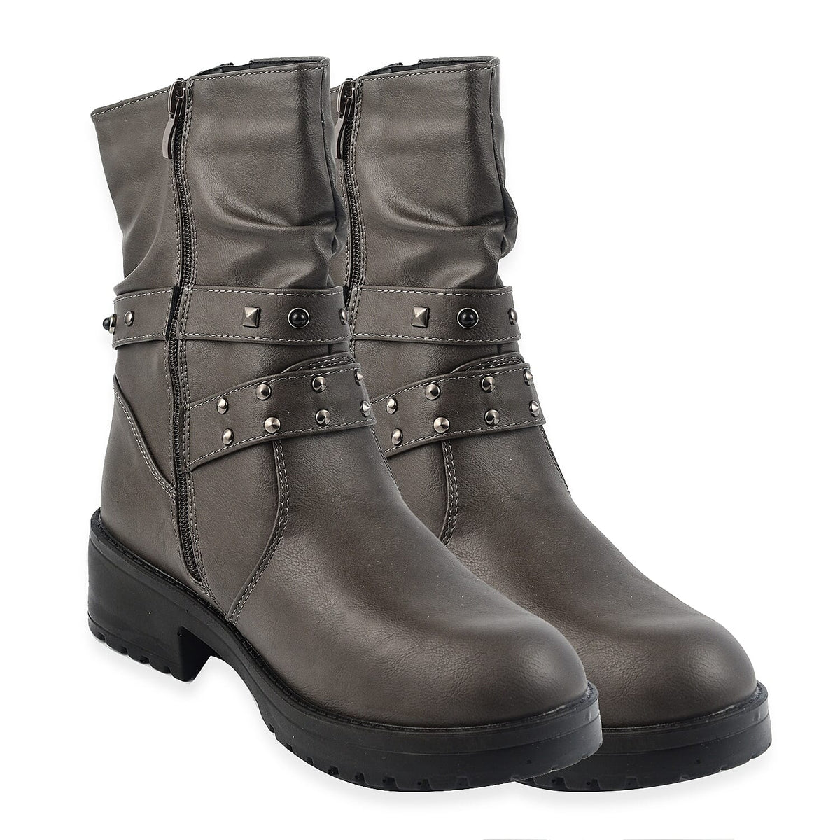 Ladies Leatherette Easy Zip Up Decorative Studded Strap Chunky Ankle Boots - Grey 7670079 2