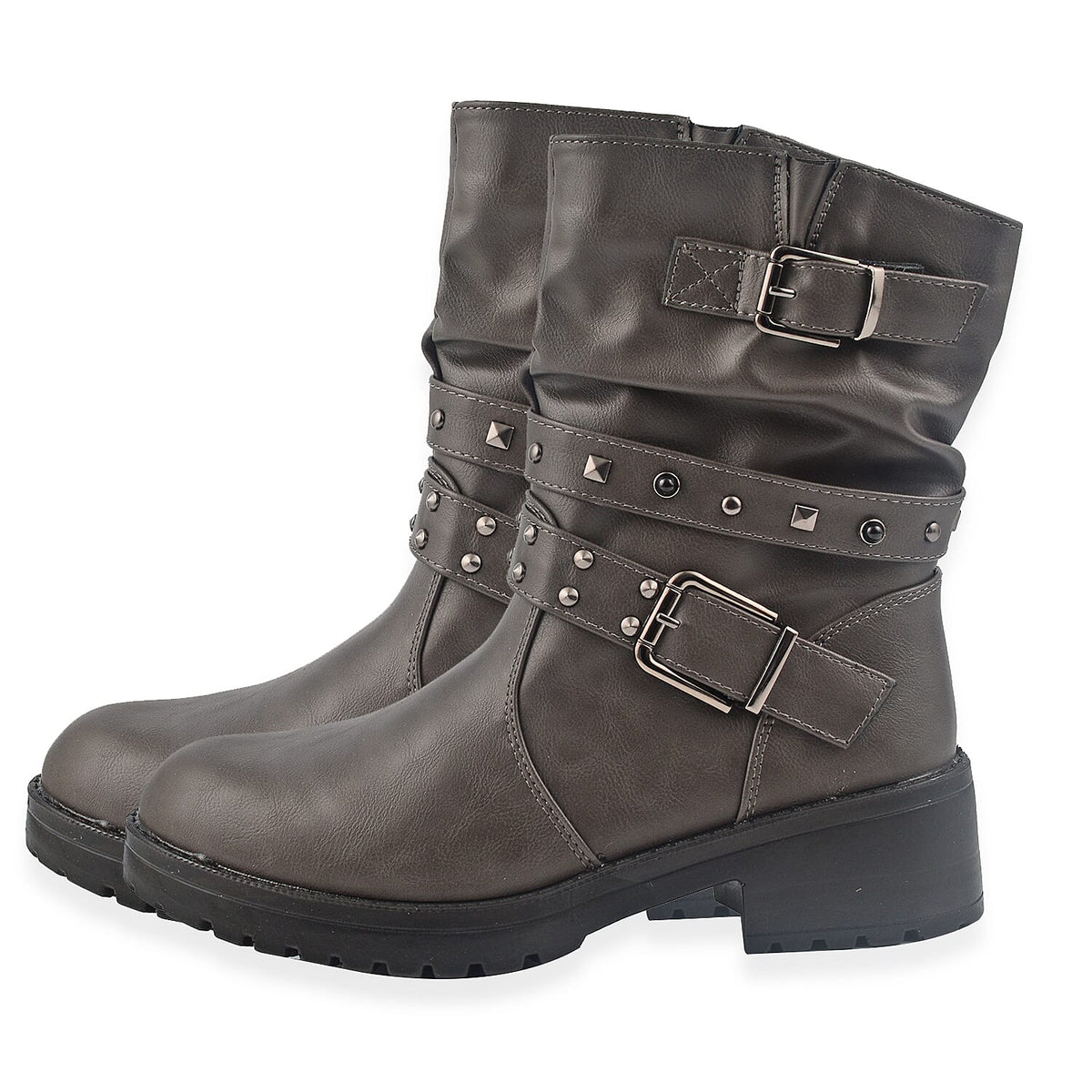Ladies Leatherette Easy Zip Up Decorative Studded Strap Chunky Ankle Boots - Grey 7670079 3