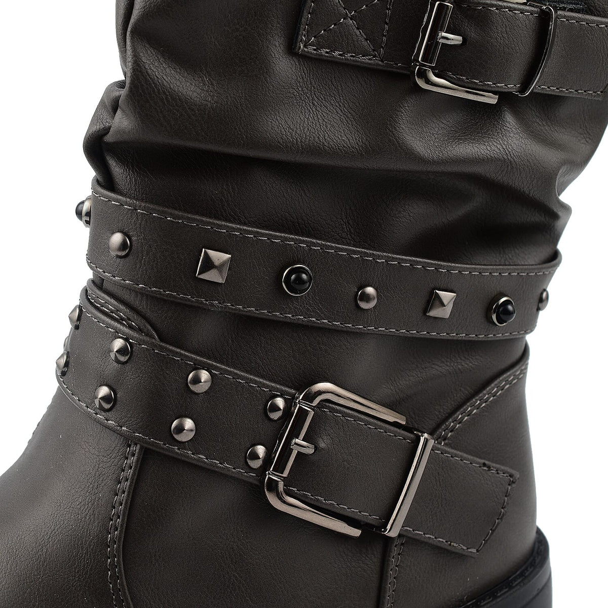 Ladies Leatherette Easy Zip Up Decorative Studded Strap Chunky Ankle Boots - Grey 7670079 4